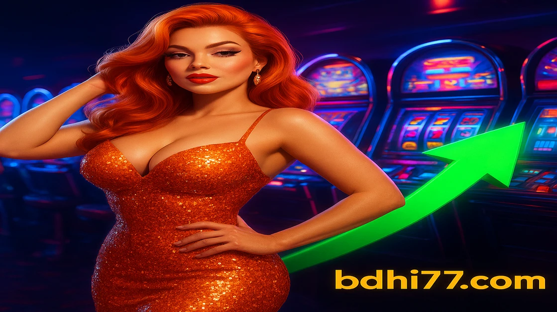 খরগোশের কানের নকশা পরা এক নারী hi77 গেমিং প্ল্যাটফর্ম অ্যাপে আর্কেড ধাঁচের গেমটির সামনে খেলছেন, সামনে উঠতি সবুজ তীর বড় জয় ও লাভের ইঙ্গিত করছে।