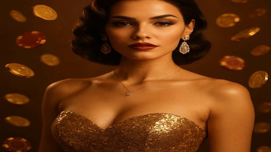 hi77 গেমিং প্ল্যাটফর্মে এক জাঁকালো সোনালি পোশাক পরা মোহময়ী নারী বিলাসবহুল জয়-অভিজ্ঞতা তুলে ধরছেন, চারপাশে চকচকে সোনা কয়েন ও খেলার চিপসের বর্ষণ ছড়িয়ে পড়েছে।