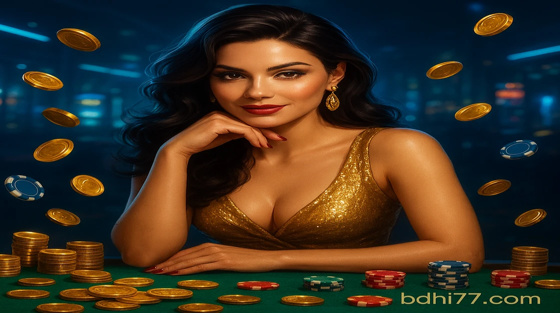 hi77 লাইভ গেমিং-এ এক সুন্দর উপস্থাপক আপনাকে 100% স্বাগতম বোনাসসহ খেলার আমন্ত্রণ জানাচ্ছেন, চারপাশে খেলার টুকরো ও ভাসমান সোনা-চিপস ছড়িয়ে রয়েছে।