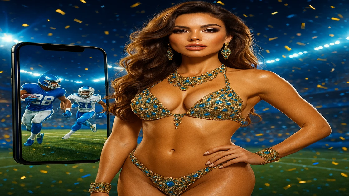 একটি জাঁকজমকপূর্ণ পোশাকধারী নারী hi77 স্পোর্টস-গেমিং অ্যাপ দেখানো স্মার্টফোনের পাশে দাঁড়ালেন, ভিড়ভরা স্টেডিয়ামের পটভূমিতে।