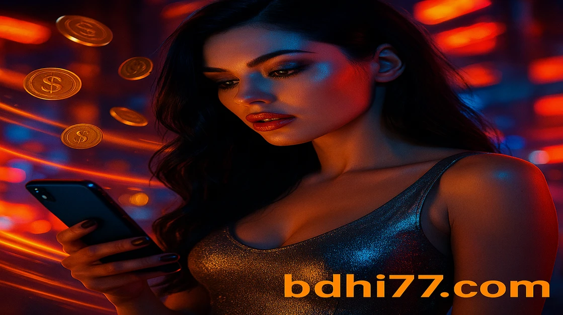 একজন নারী hi77 ক্রিপ্টো-গেমিং প্ল্যাটফর্মে লগইন করতে স্মার্টফোনটি ধরেছেন, চারপাশে জ্বলন্ত ক্রিপ্টো-চিহ্নসমূহ ও একটি ভবিষ্যৎ-গেমিং পরিবেশ ছড়িয়ে রয়েছে।
