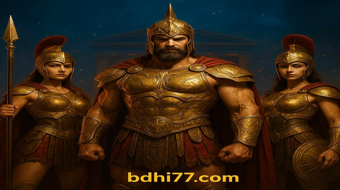শক্তিমান জিউস এবং দুইটি সুন্দর দেবী hi77 গেমিং প্ল্যাটফর্মে অলিম্পাস দরজা নামে এই গেমে আপনাকে স্বাগতম জানাচ্ছেন, পটভূমিতে একটি বিশাল মন্দির রয়েছে।